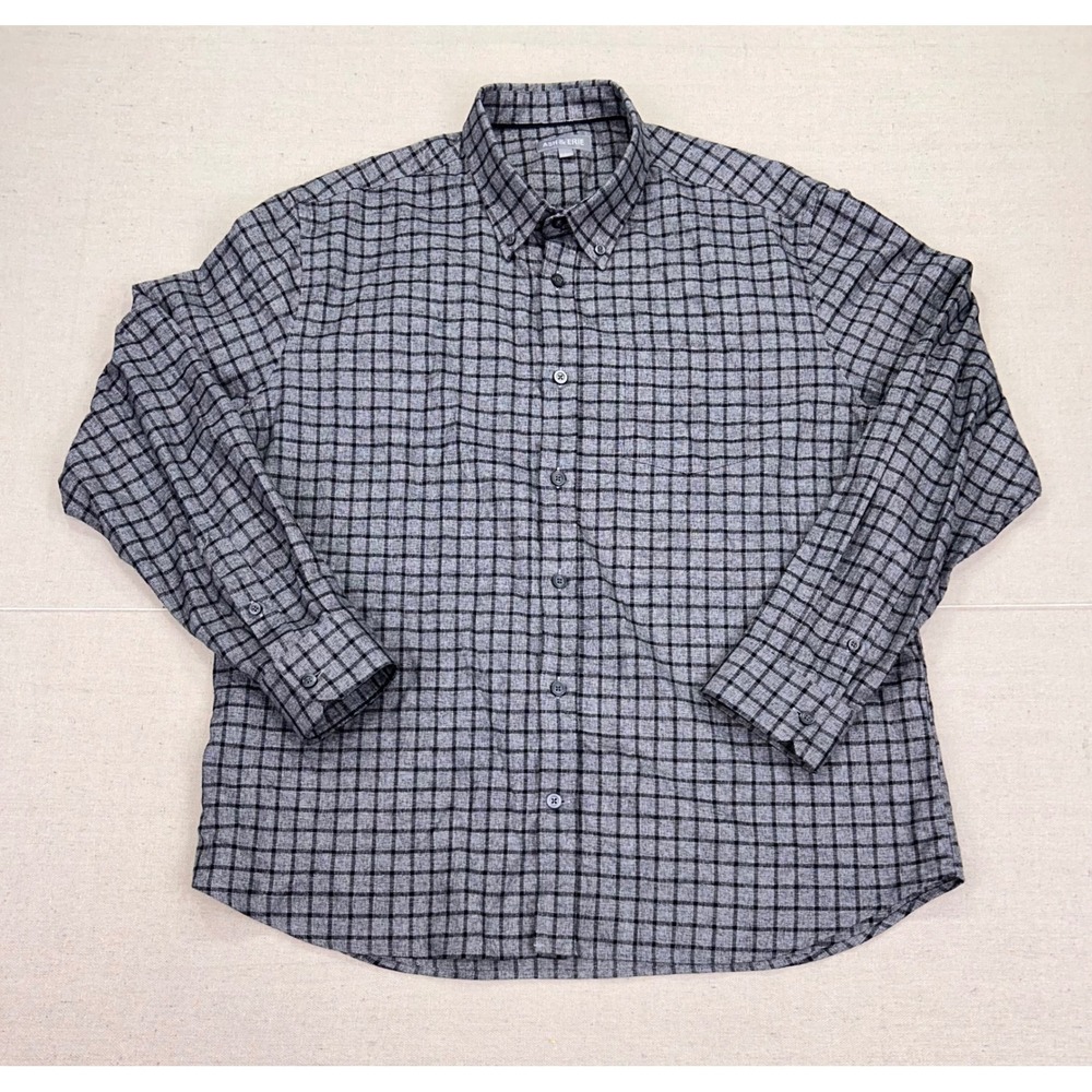 Ash & Erie Mens Large Standard Grey Black Grid Plaid Cotton Button Down Shirt
